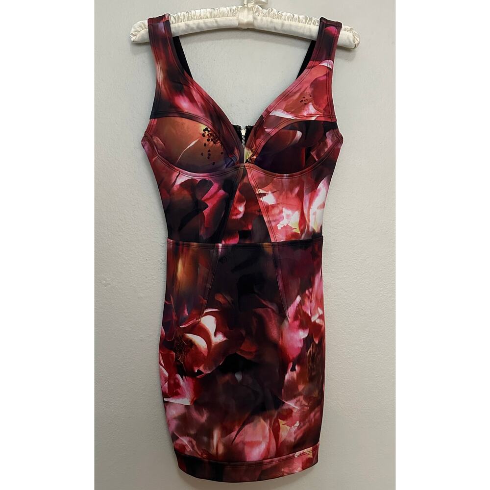Vintage Y2K Bebe XXS Trippy Floral Print Scuba Knit Bodycon Mini Dress Red Black